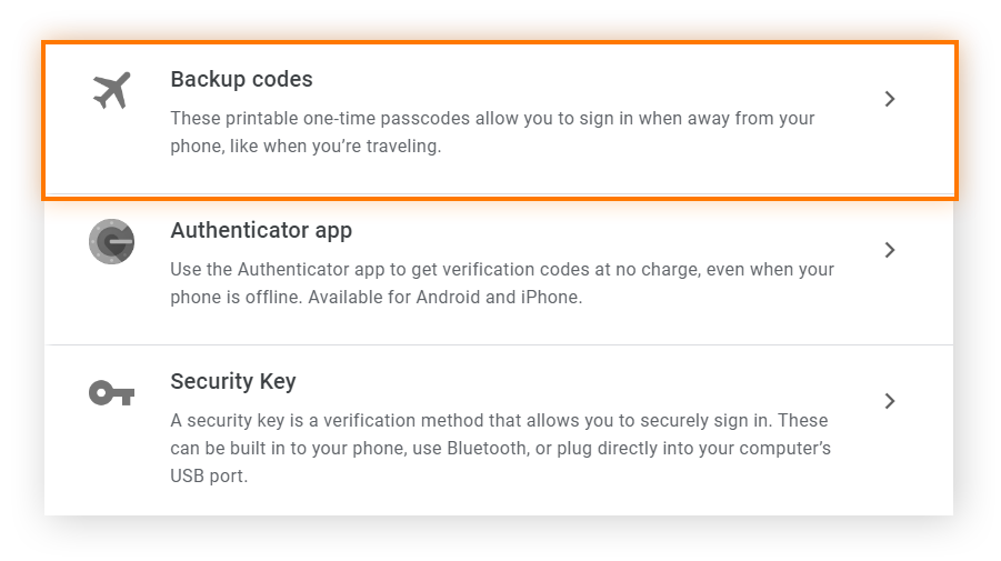 Google 帐号二步验证部分的 2FA 安全选项