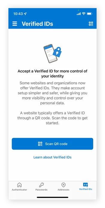 扫描 QR 码以将 Google Authenticator 关联到帐户已验证的
ID.
