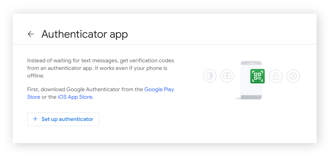 Google 帐号中的身份验证器应用设置屏幕