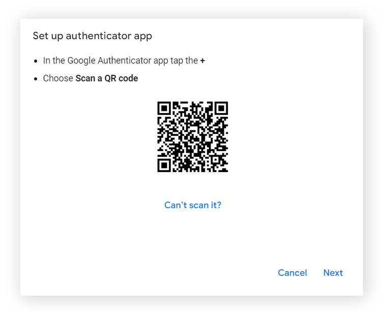 用于设置 Google Authenticator 的 QR 码屏幕