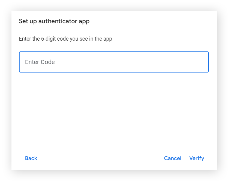 输入来自 Google Authenticator 应用的代码的屏幕