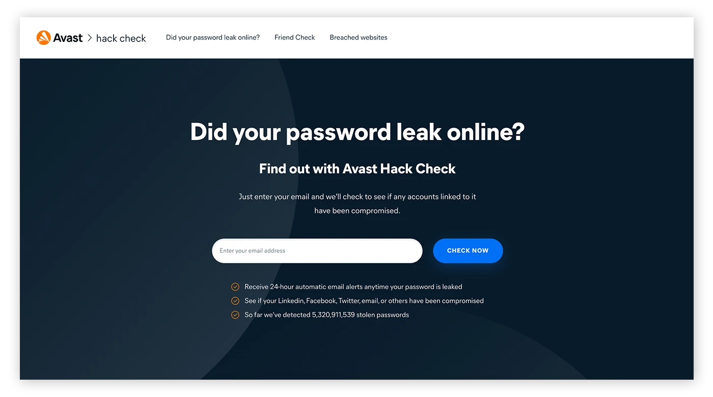 Avast Hack Check是一个免费工具，可以检查并查看你的个人数据是否被泄露。